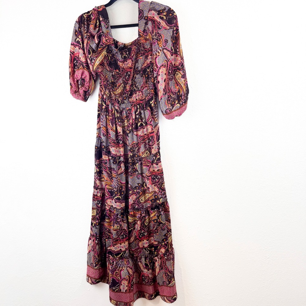 Mez Magic Women Paisley Smocked Tiered Maxi Dress Pink Purple Boho Medium